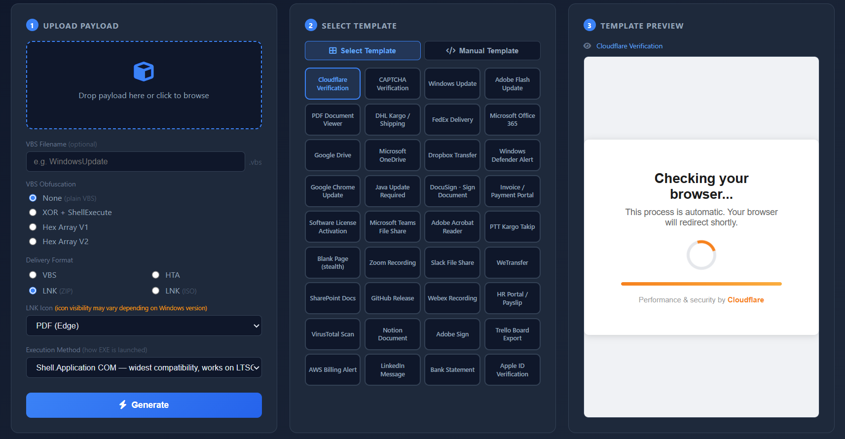 Cache Loader operator panel — upload payload, select template, generate stager